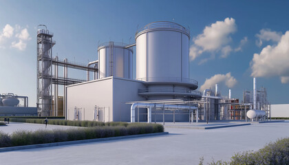 Industrial oil storage tanks and refinery plant amidst steel structures and towering silos