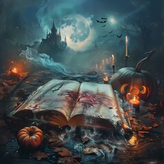 As the clock strikes midnight, a magical book opens to reveal Halloween secrets against a backdrop of a moonlit gothic castle. AI Generative - obrazy, fototapety, plakaty