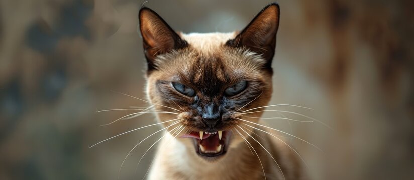 A Siamese cat with its mouth wide open, displaying aggressive behavior by biting. The cat appears furious and frenzied in a rambunctious display of anger.