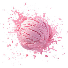 Pink Ice cream scoop or ball with splash levitating and flying, isolated on white background. Front view