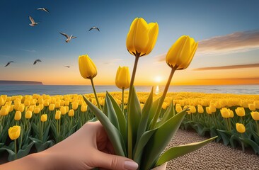 a woman's hand holds delicate yellow tulips in craft paper against the backdrop of sunset colors of the sea, pebbles, water, sky, sunset, seagulls flying in the distance.