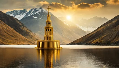 Fotobehang lake bled,Here's a simple description of a golden gift box with a ribbon for a birthday:  The golden gift box is elegantly wrapped with a shimmering golden paper, adorned with a luxurious satin ribbon © Baloushi