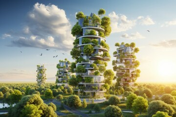 Futuristic urban landscape featuring eco-friendly architecture and lush green spaces