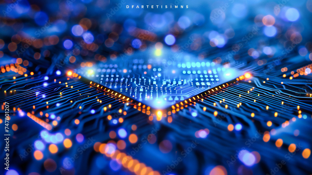 Poster high-tech computer circuit board, digital technology and electronics concept, blue abstract backgrou