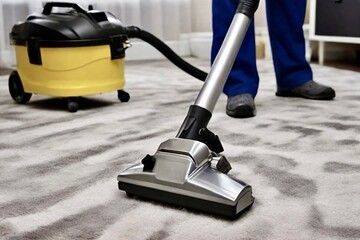 Man vacuum cleaning floor carpeting