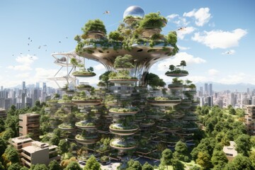 Futuristic urban landscape with environmental friendly buildings and lush green spaces