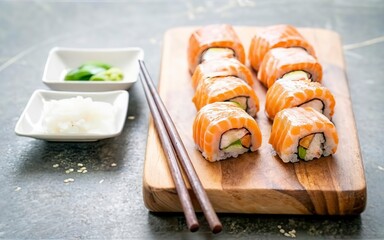 Salmon fish meat sushi roll maki on wood plate with wasabi and soy sauce