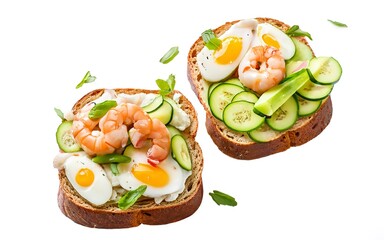 Sandwiches with shrimp, prawns, quail eggs and cucumber on rye bread. Isolated on white background