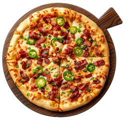 Top view of a full Bacon Jalapeno pizza on a circular wooden tray isolated on a white background