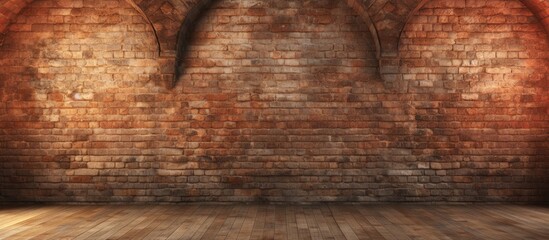 A room featuring a prominent brick wall with a weathered and ancient fortress background, blending seamlessly with a sturdy wooden floor.
