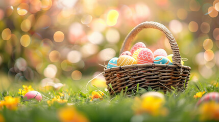 A basket full of easter eggs lying on the grass with a festive easter background, Ai Generated Images