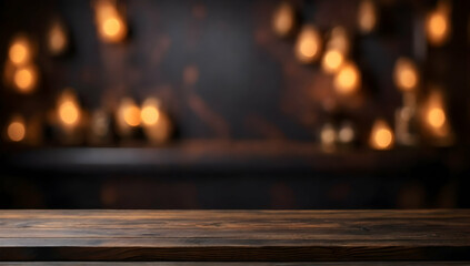 Wooden table top with lights blurred background at night. Suitable for product montage display.