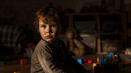 Fototapeta premium Autistic child looks sad in a dark room, with unused toys around him, Ai Generated Images