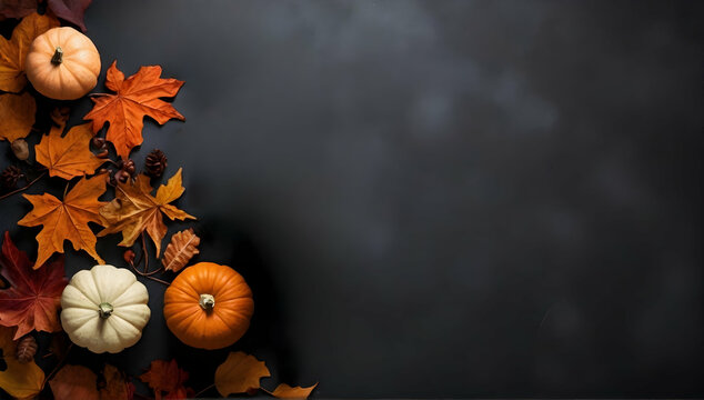 Autumn leaves and pumpkins on dark background. Flat lay, top view. Autumn decoration concept background.