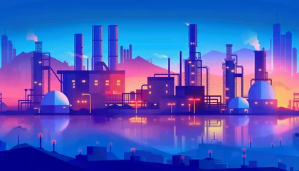 Tuinposter Sunset Silhouette: Industrial City Skyline with Smokestacks and River © atitaph