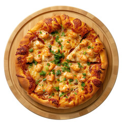 Top view of a full Crab Rangoon pizza on a circular wooden tray isolated on a white background