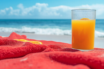 Obraz premium Refreshing Orange Juice by the Beach, a Tropical Glass of Cold Citrus Beverage with Ice on White Sand, Perfect Summer Drink for a Healthy and Fresh Experience