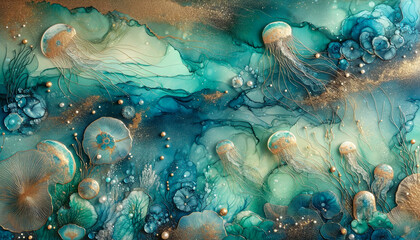 Obraz na płótnie Canvas Abstract fluid art paint in concept underwater seascape by alcohol ink fluid texture in deep blue and turquoise tone.