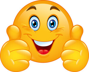 A cheerful winking yellow smiley face with two thumbs up