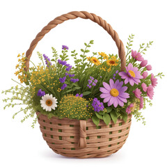 A rustic basket filled with wildflowers against a simple white background, evoking a sense of natural beauty