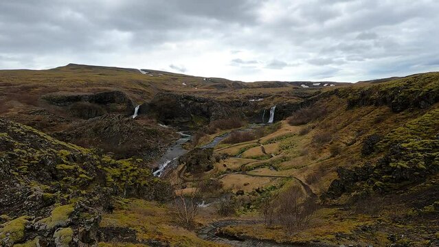 Gjain valley canyon landscape with waterfalls and streams in Iceland