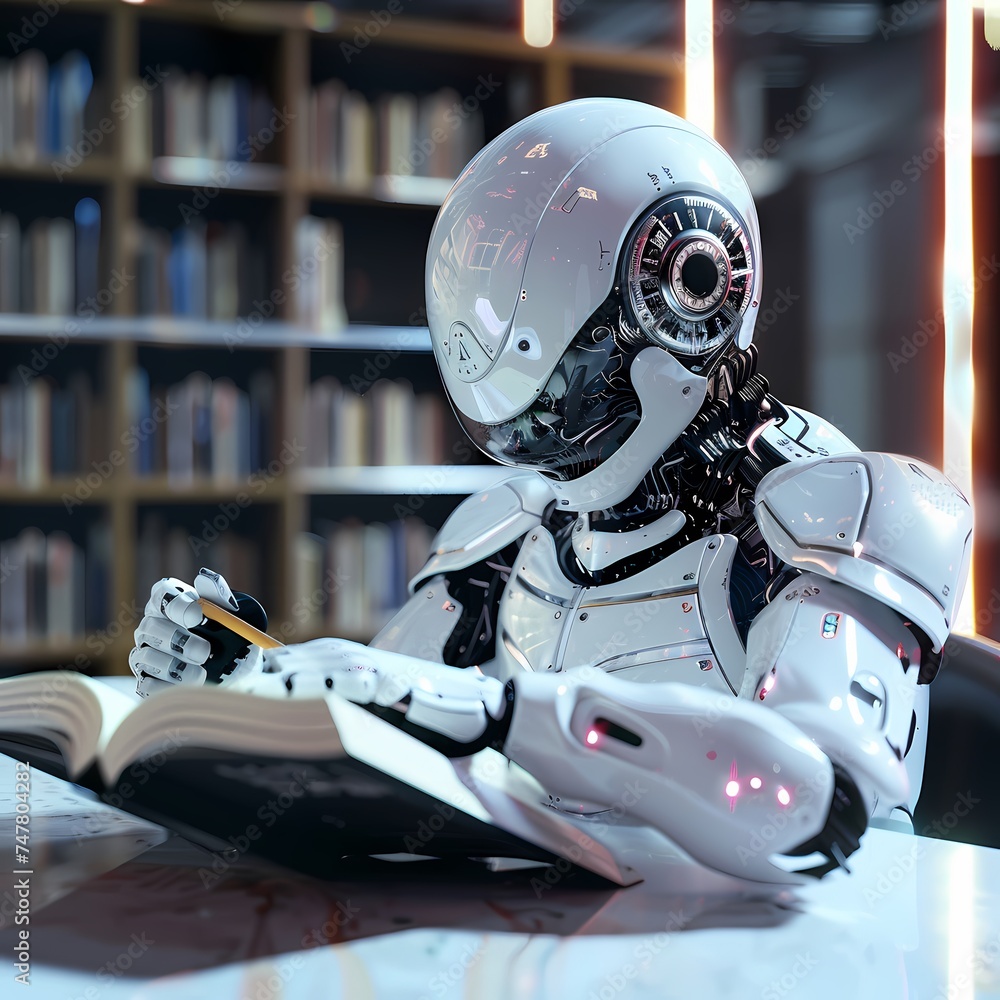 Poster a robot with a transparent head immerses in reading, representing the relentless ai pursuit for huma