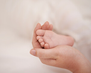 Feet, hand and parents with infant, support and love of parent for bonding or wellness. Family, close up of caring person holding baby toes for security, protection and childhood development