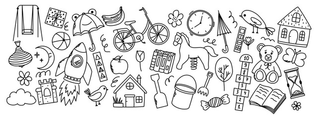 Set of kindergarten doodle elements. Horse, hopscotch, toys, rocket, umbrella, house, book and other elements. - obrazy, fototapety, plakaty
