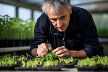 Close-up portrait of farmer explaining revolutionary techniques for growing microgreens