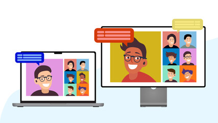 Video conference with group of people on computer screen. People on computer screen chatting and meeting with friends and colleagues. Video conferencing and online meeting workspace. Vector.