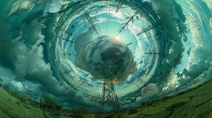 The green little planet transformation unfolds in a spherical panorama, offering a 360-degree abstract aerial view in a field with high voltage electric pylon towers and stunning clouds - obrazy, fototapety, plakaty