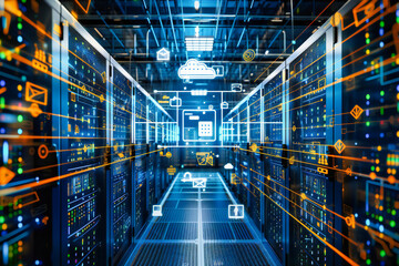 Fototapeta premium Server Room with Rack Database, Digital Network and Technology Concept, Data Center