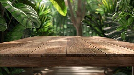 A wooden table set in a lush garden with a view of the beach, showcasing the beauty of nature with palm trees and a clear sky, inviting a sense of tropical summer and tranquility