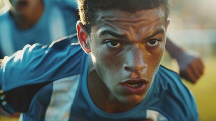 Young male athlete focused during a rugby game. Close-up action shot with intense expression for sports and competition themes.