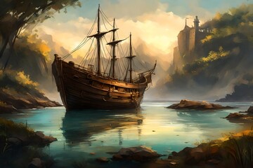 a beatifull, old ship, on an island , a serene view