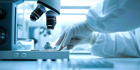 scientist or researcher hand use microscope to analyse bacteria or virus