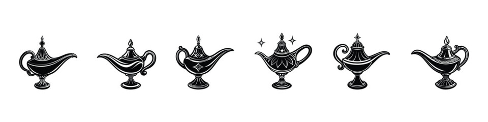 Alladin lamp silhouette. Alladin lamp, Alladin lamp icon, Aladin genie lamp bottle wish cartoon illustration. - obrazy, fototapety, plakaty