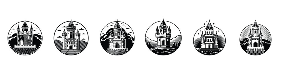 Castle Icon Set, Castle tower. Cute cartoon castle. medieval castles icon set, castle icons set on white background - obrazy, fototapety, plakaty