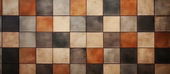 A tiled wall in shades of brown and black with a variety of different colors interspersed throughout. The tiles create a textured background that adds visual interest.