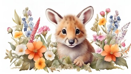 A watercolor painting of a fox with flowers on a white background, Cute little wolf cartoon with flowers  watercolor painting style, AI-generated