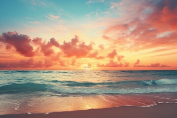 A serene beach sunset scene with text space over the horizon - obrazy, fototapety, plakaty