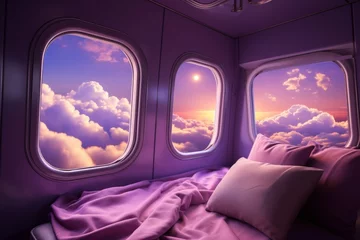 Schilderijen op glas Stunning night sky view through spaceship window displaying soft purple and lilac hues © Oksana