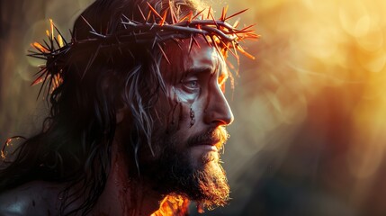 Side view of a man with a crown of thorns on his head and drops of blood, personifying the suffering of Jesus Christ in the Christian faith