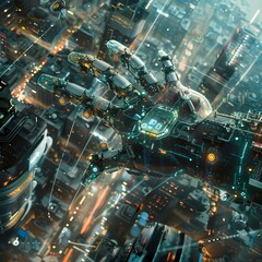 A highly detailed robotic hand with circuitry and lights appears to reach out from a futuristic cityscape. The image captures the complexity of artificial intelligence and its intersection with urban