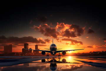 Fototapeta na wymiar A passenger plane lands against the backdrop of sunset at the airport. Travel and tourism.