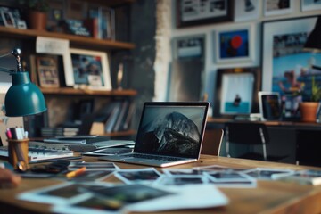 Work space of photographer, Photographer working desk with laptop, Modern Arts And Creative Concept - obrazy, fototapety, plakaty