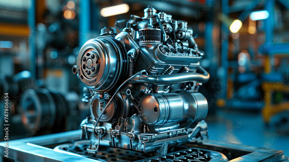 Poster a detailed view of a modern engine moving along a conveyor belt in a high-tech factory setting