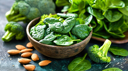 Bowl of Spinach, Broccoli, and Almonds on Table