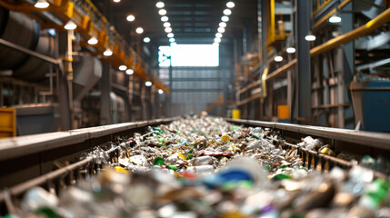 Rows of Shelves Filled With Bottles in Garbage Processing Plant - obrazy, fototapety, plakaty