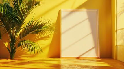 an empty frame on the floor in front of a Yellow wall, in the style of ASOS decor.